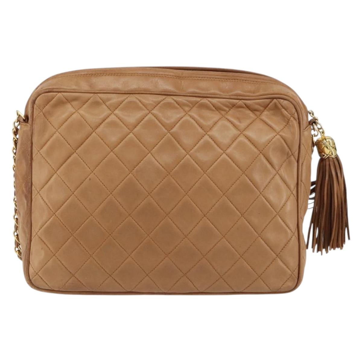 CHANEL Matelasse Fringe Chain Shoulder Bag Lamb Skin Brown Gold CC Auth bs31725