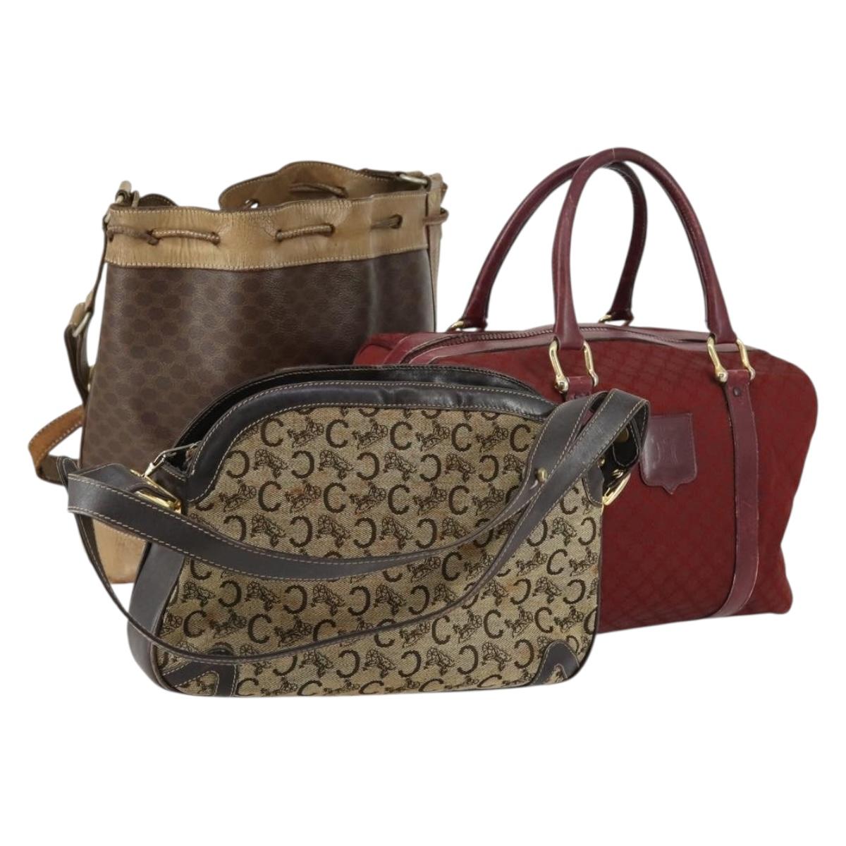 CELINE Macadam Canvas Shoulder Bag 3 Set Brown Red Auth bs31735