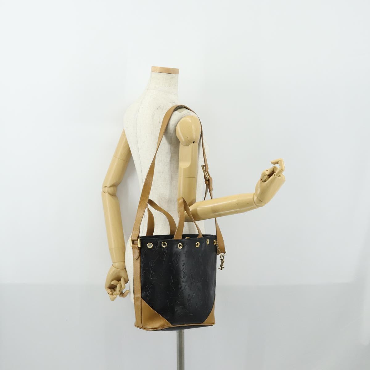 SAINT LAURENT Hand Bag Leather PVC 2way Black Brown gold Auth bs31752