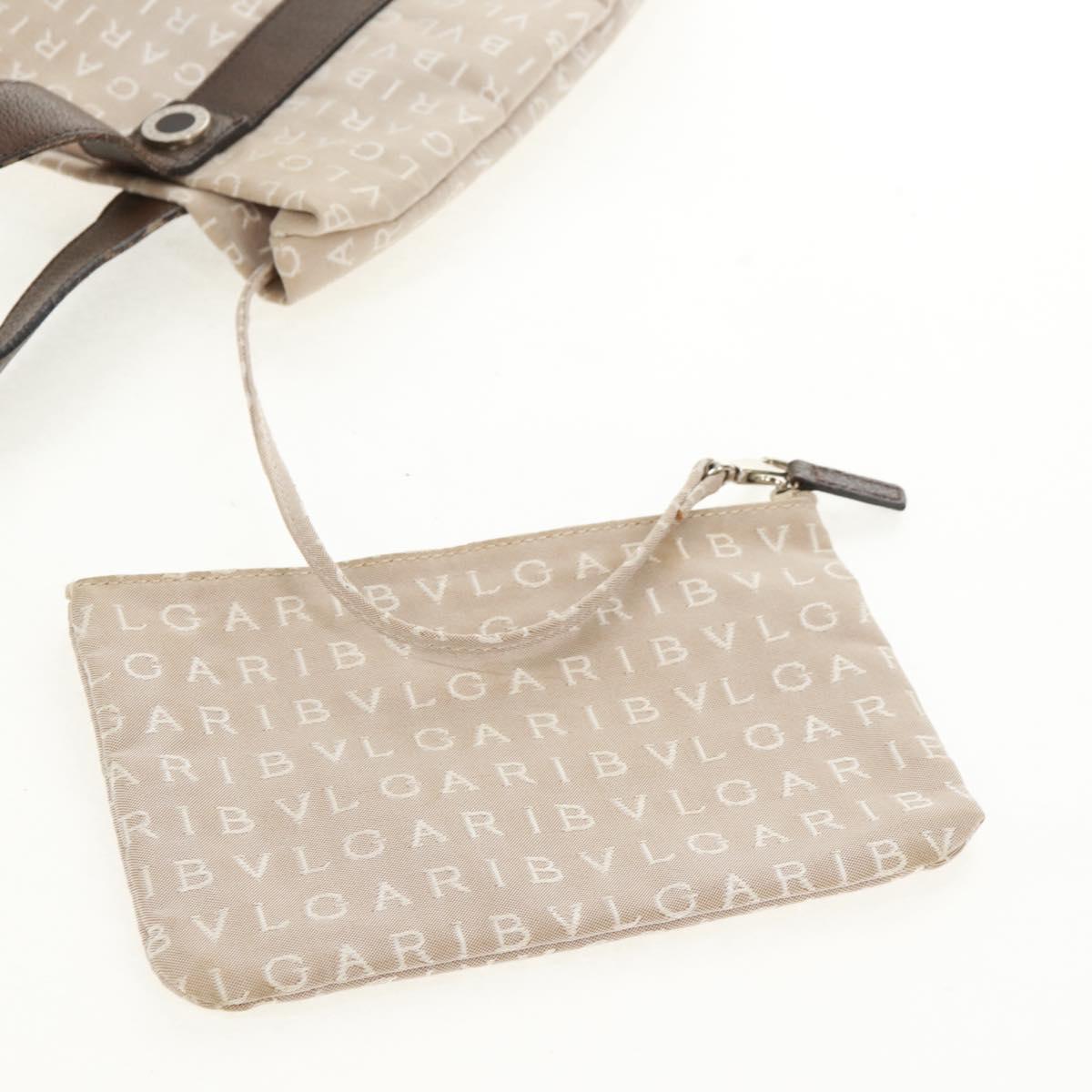 BVLGARI Logo Mania Tote Bag Canvas Beige Brown Silver Auth bs31753
