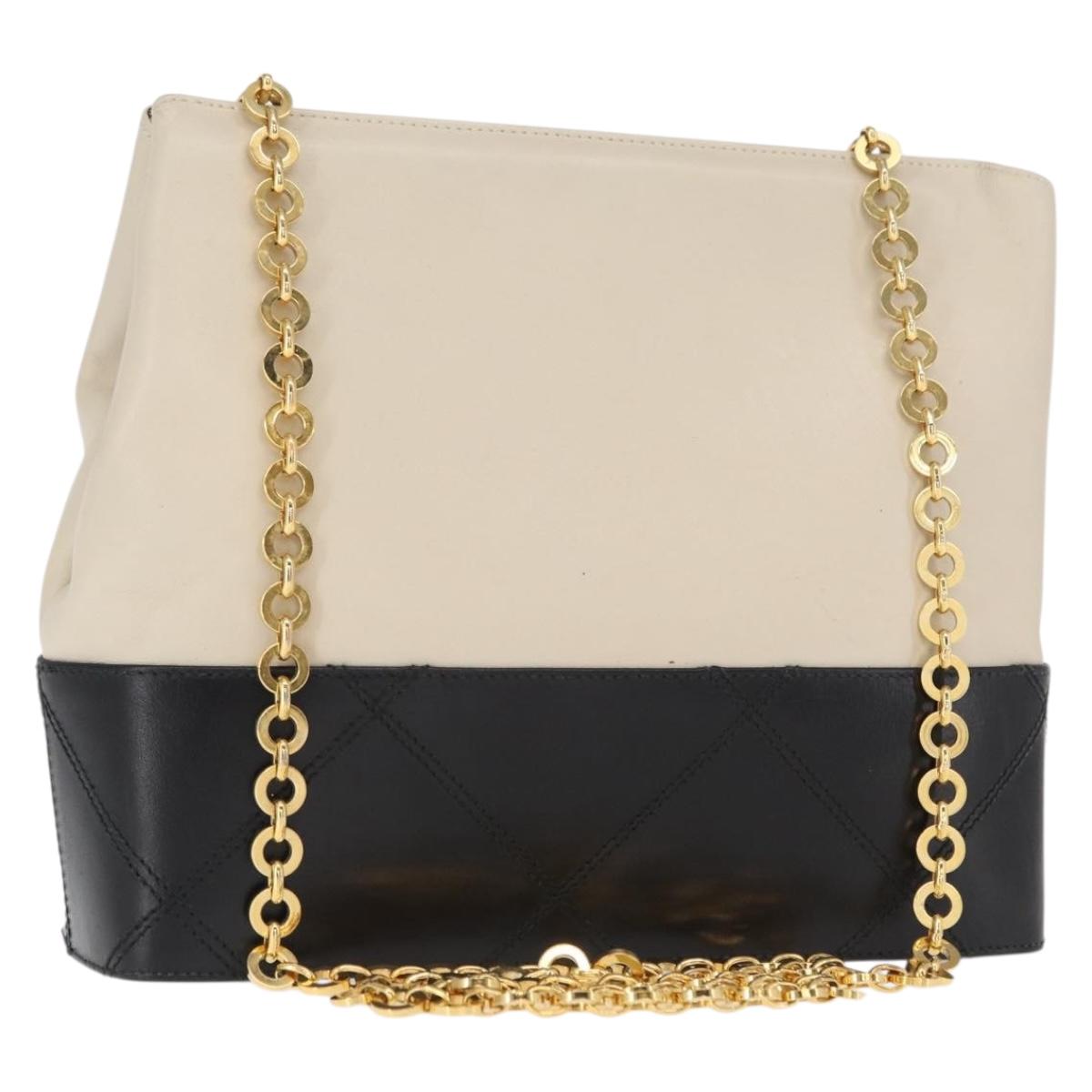 Salvatore Ferragamo Chain Shoulder Bag Leather White Black gold Auth bs31765