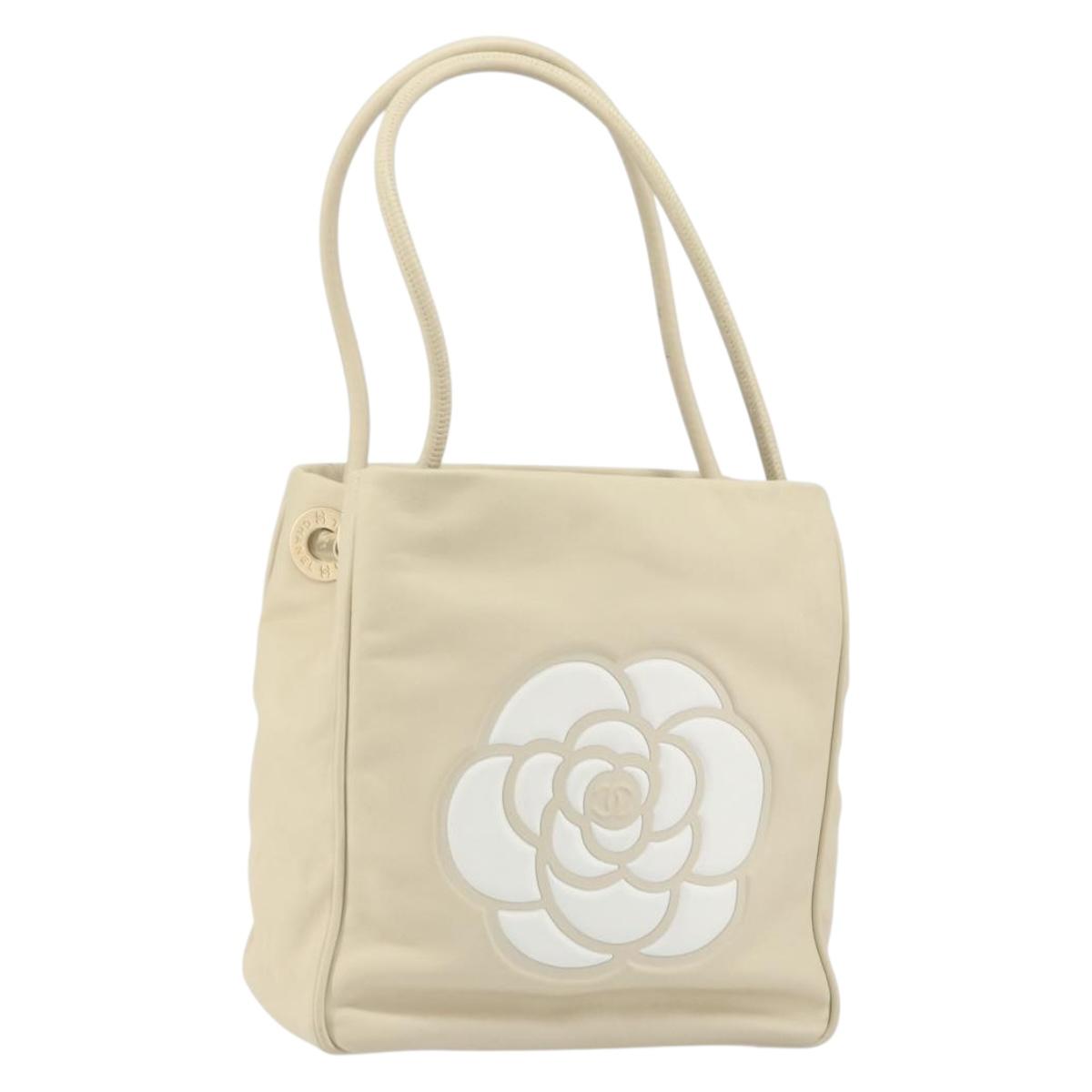 CHANEL Camelia Tote Bag Leather Beige Gold CC Auth bs31794A