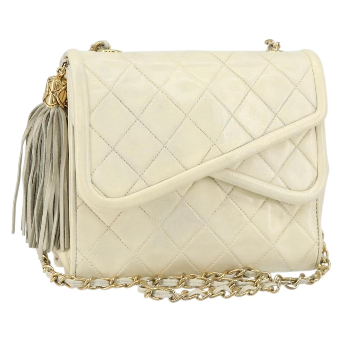CHANEL Matelasse Chain Shoulder Bag Lamb Skin White Gold CC Auth bs31806