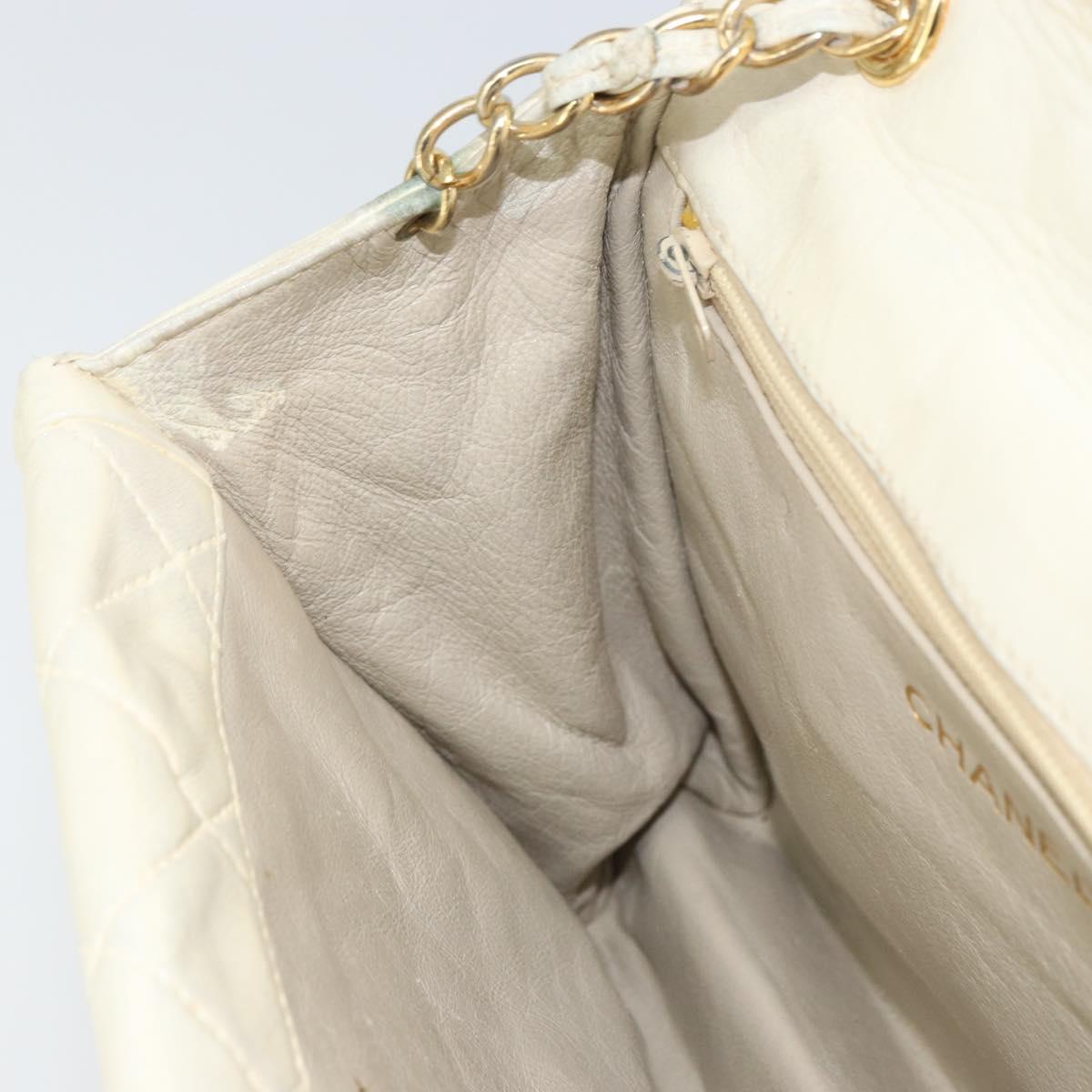 CHANEL Matelasse Chain Shoulder Bag Lamb Skin White Gold CC Auth bs31806