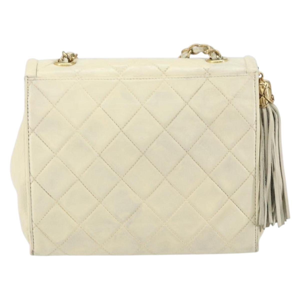 CHANEL Matelasse Chain Shoulder Bag Lamb Skin White Gold CC Auth bs31806