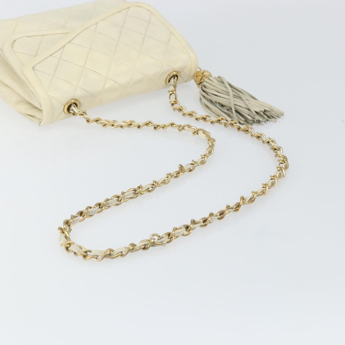 CHANEL Matelasse Chain Shoulder Bag Lamb Skin White Gold CC Auth bs31806