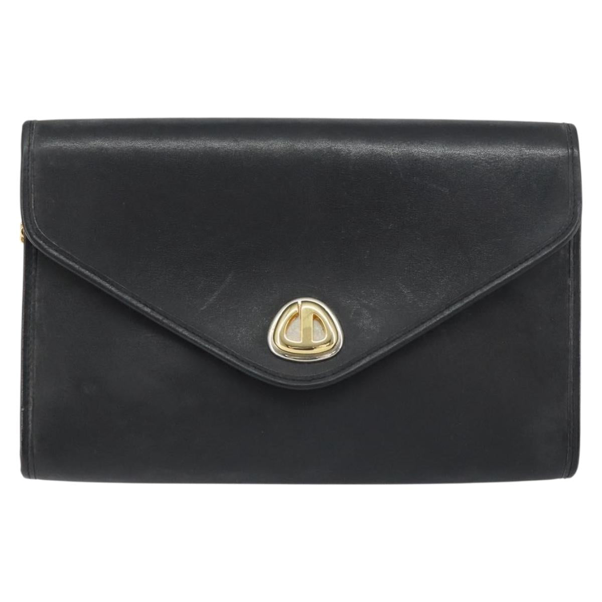 Christian Dior Chain Shoulder Bag Leather Black Gold Auth bs31815