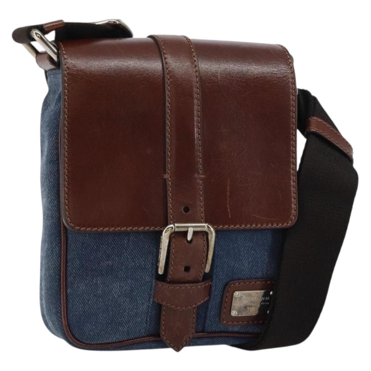 DOLCE&GABBANA Shoulder Bag Leather Canvas Blue Silver Auth bs31820