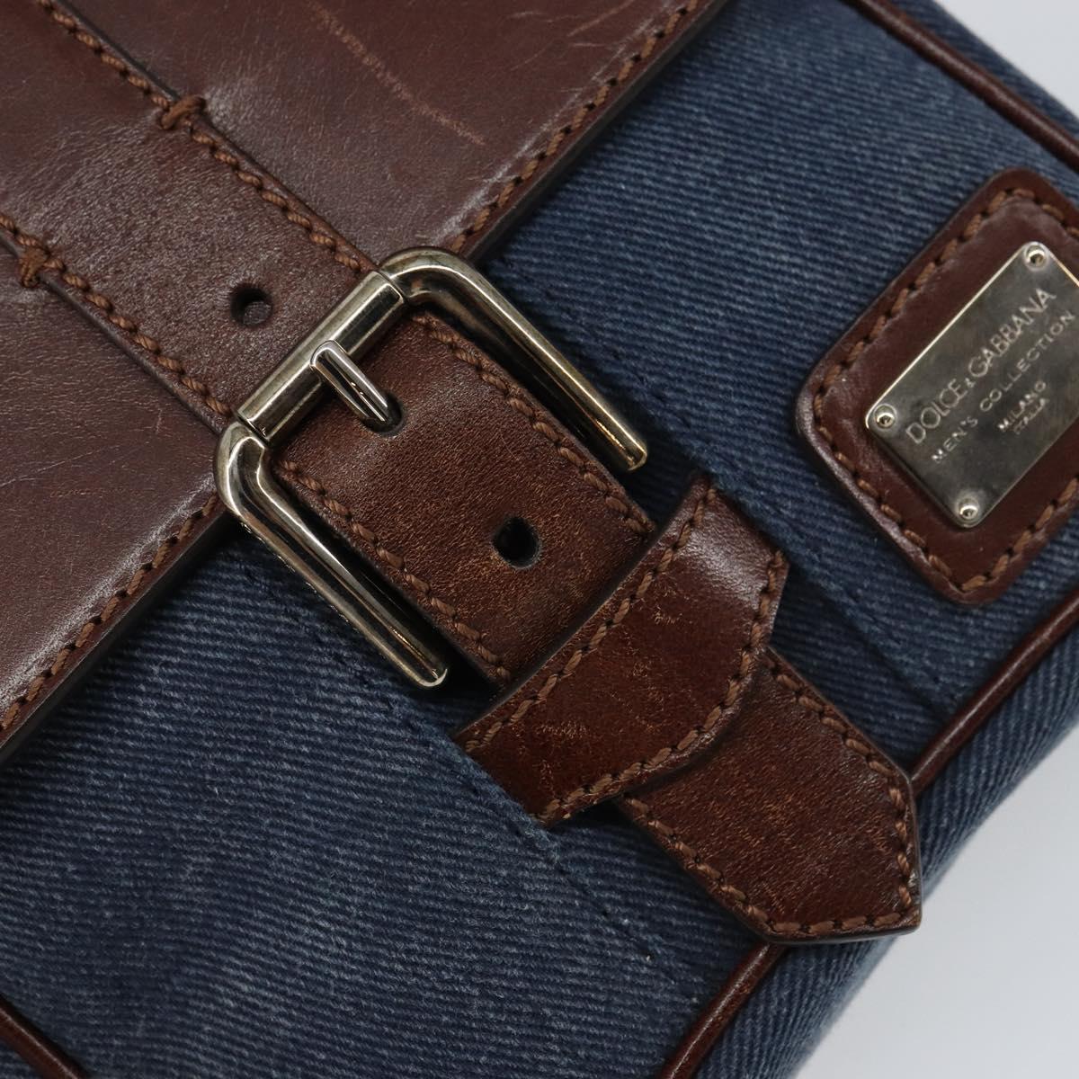 DOLCE&GABBANA Shoulder Bag Leather Canvas Blue Silver Auth bs31820