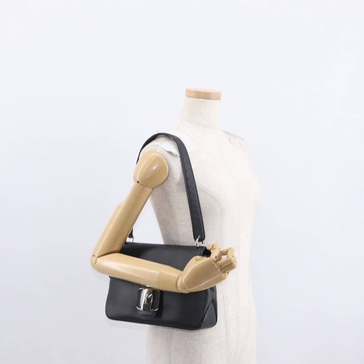 Salvatore Ferragamo Vala Shoulder Bag Leather Black Silver Auth bs31823