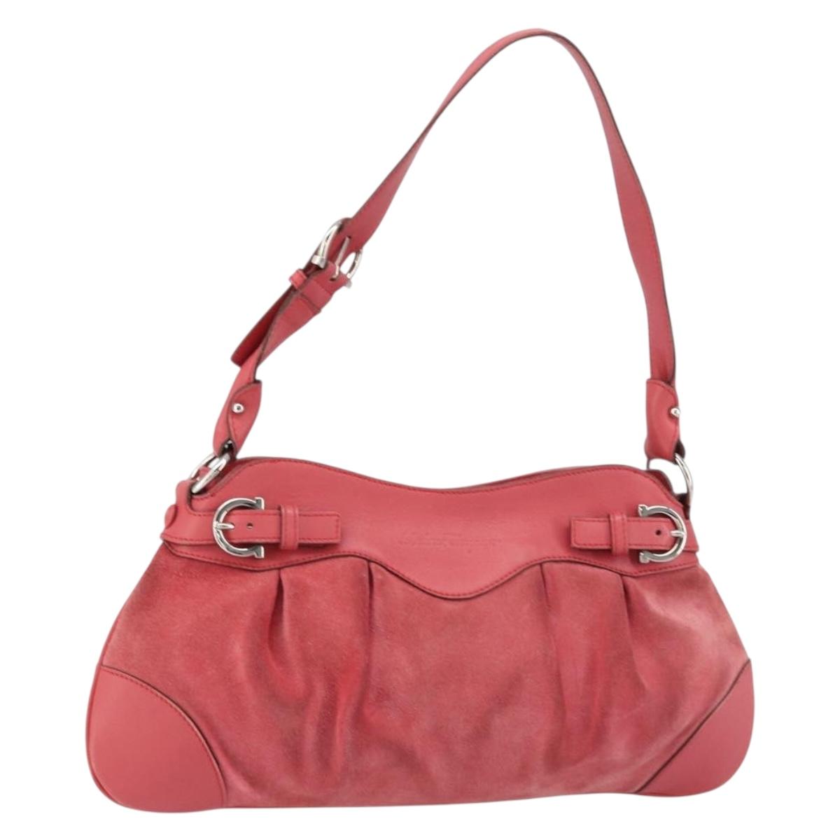 Salvatore Ferragamo Gancini Shoulder Bag Suede Leather Pink Silver Auth bs31824