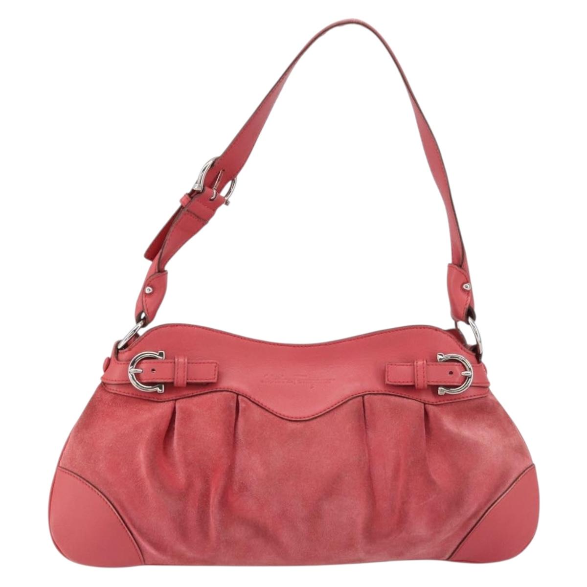 Salvatore Ferragamo Gancini Shoulder Bag Suede Leather Pink Silver Auth bs31824