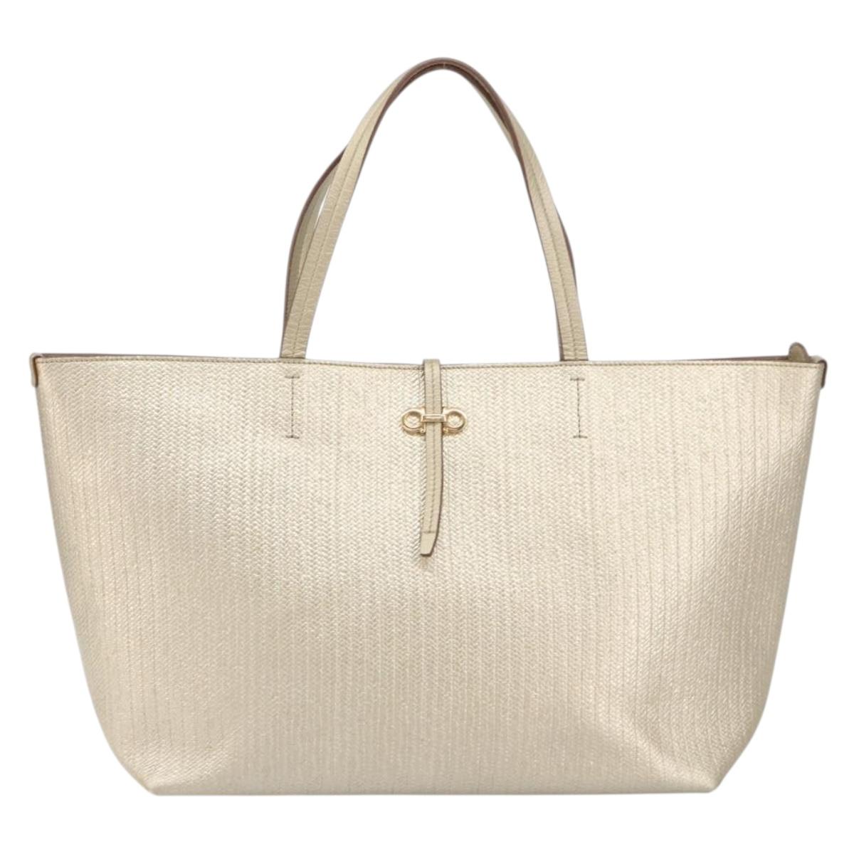 Salvatore Ferragamo Gancini Tote Bag Leather Gold Tone Auth bs31825