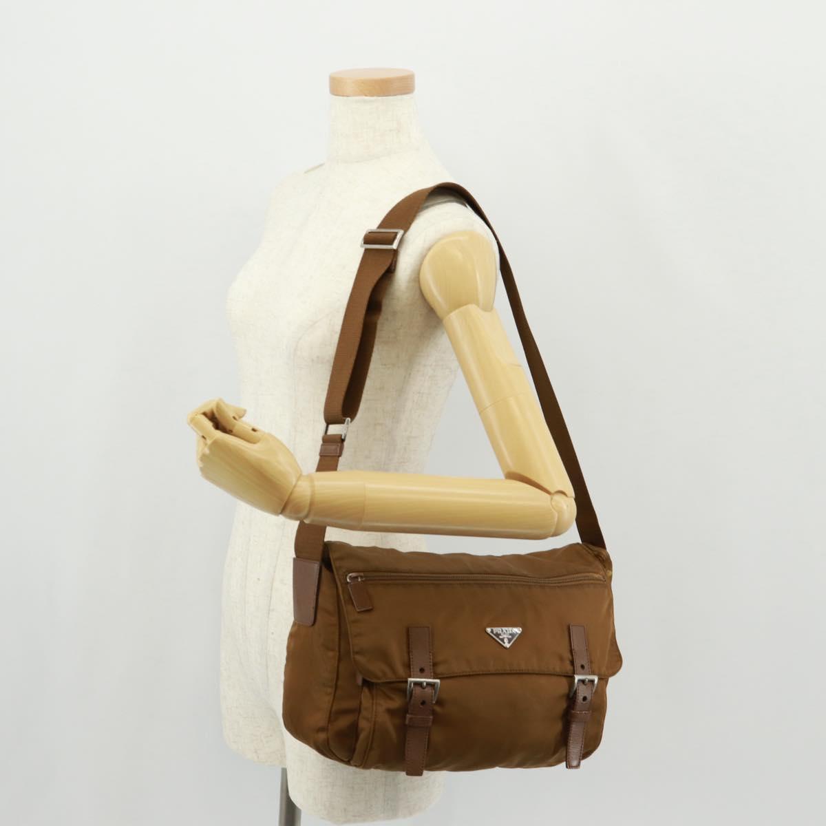 PRADA Shoulder Bag Nylon Brown Silver Auth bs31870
