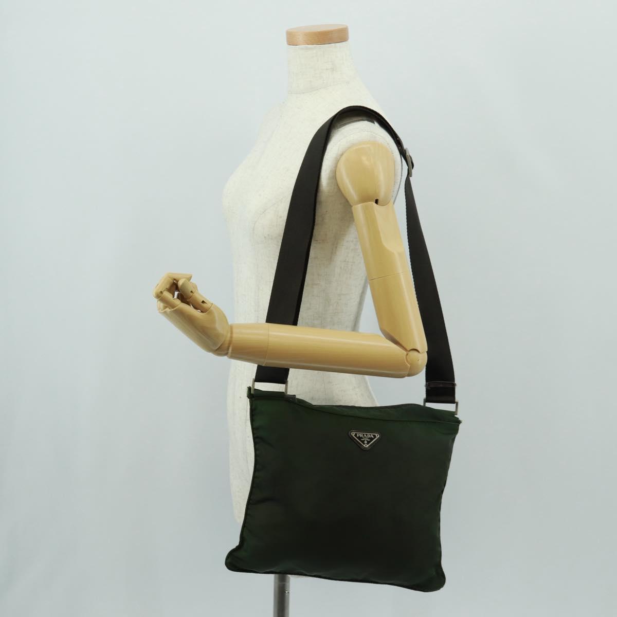 PRADA Shoulder Bag Nylon Khaki Silver Auth bs31875