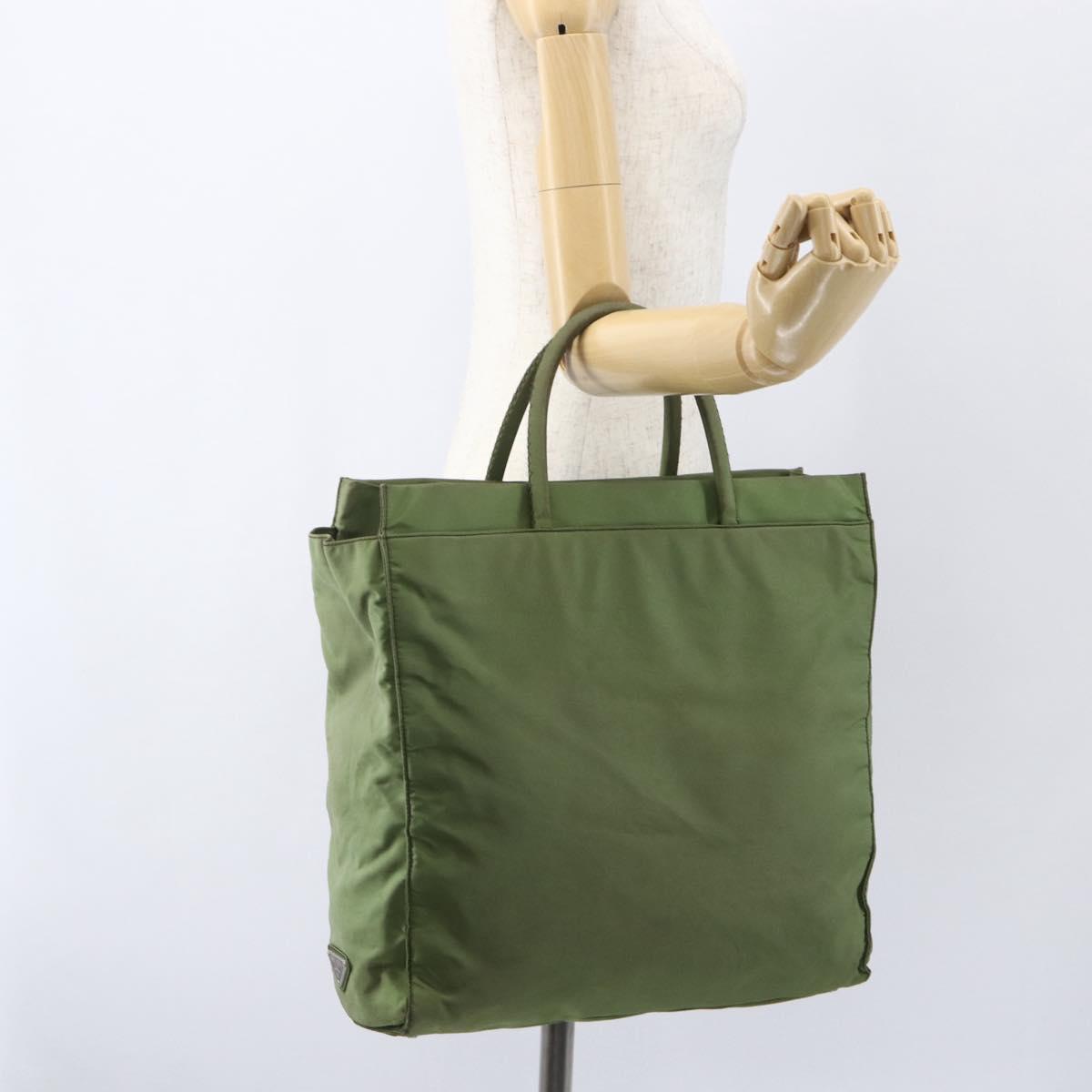PRADA Hand Bag Nylon Khaki Silver Auth bs31882