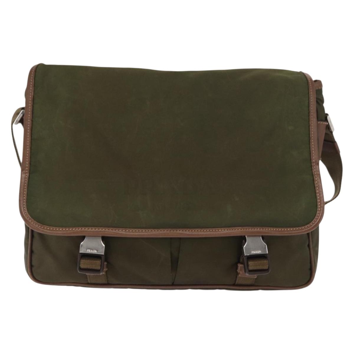 PRADA Shoulder Bag Nylon Khaki Silver Auth bs31899