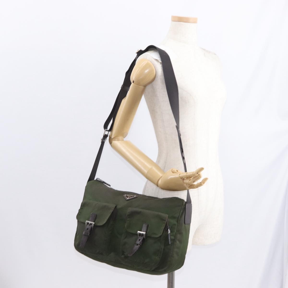 PRADA Shoulder Bag Nylon Khaki Silver Auth bs31900