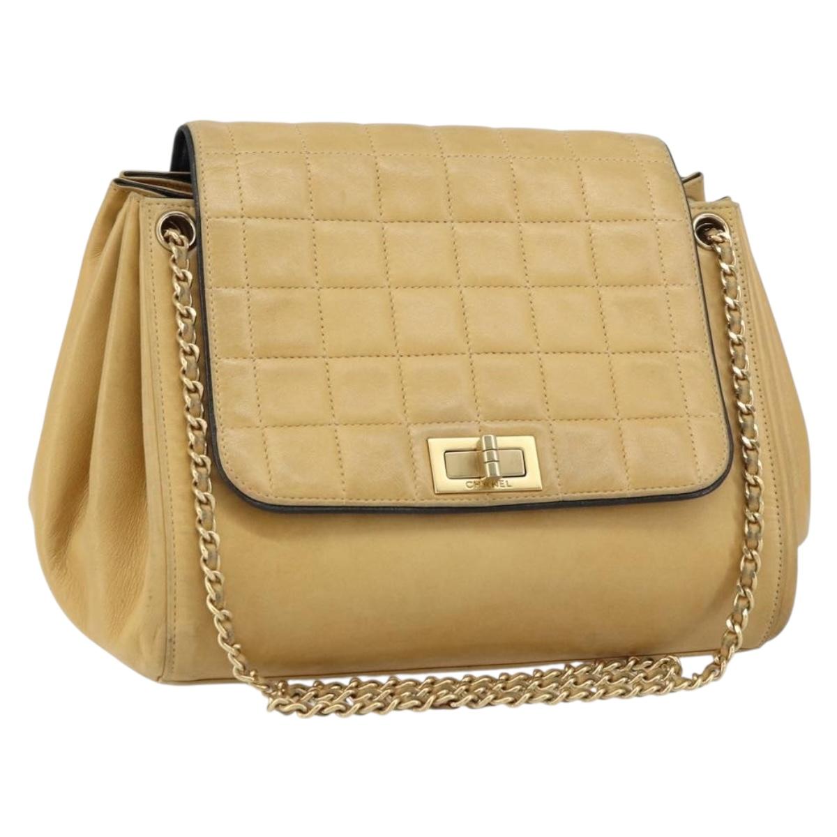 CHANEL Choco Bar line Chain Shoulder Bag Lamb Skin Beige Gold CC Auth bs31909
