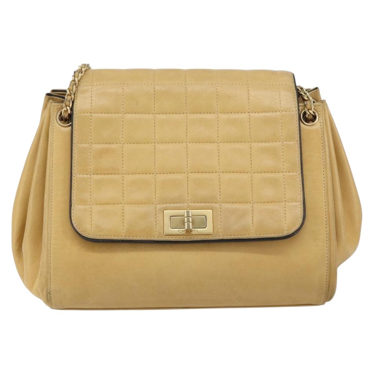 CHANEL Choco Bar line Chain Shoulder Bag Lamb Skin Beige Gold CC Auth bs31909