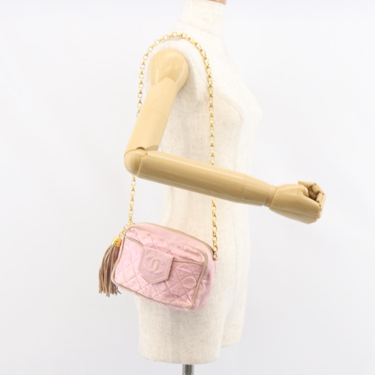 CHANEL Chain Shoulder Bag Satin Pink Gold CC Auth bs31914
