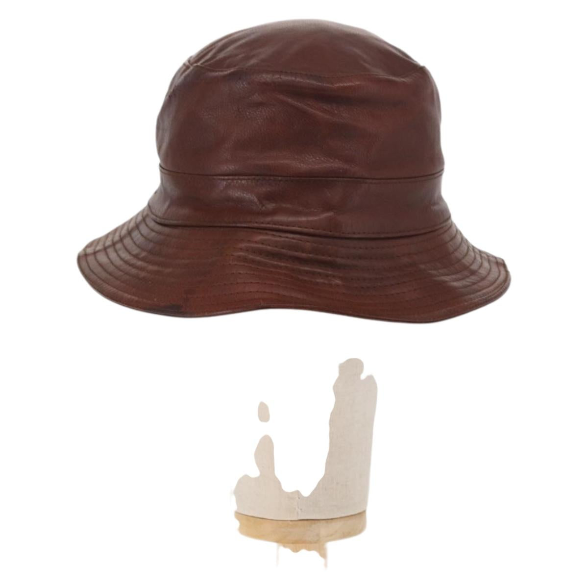 HERMES Hat Leather Brown Auth bs31964