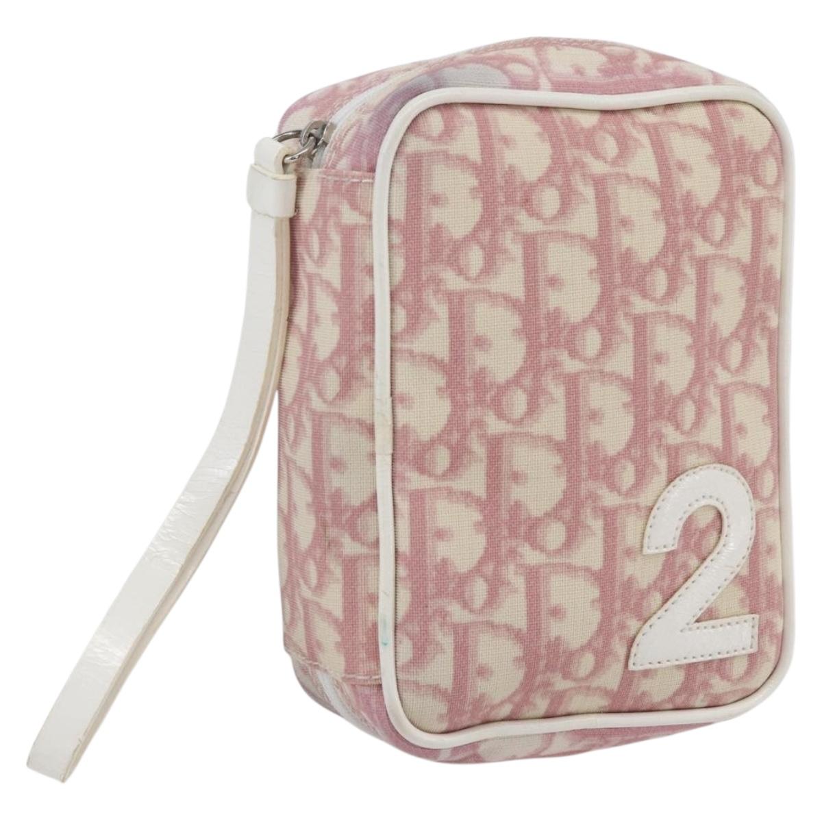 Christian Dior Trotter Canvas Pouch PVC Pink Silver Auth bs31965