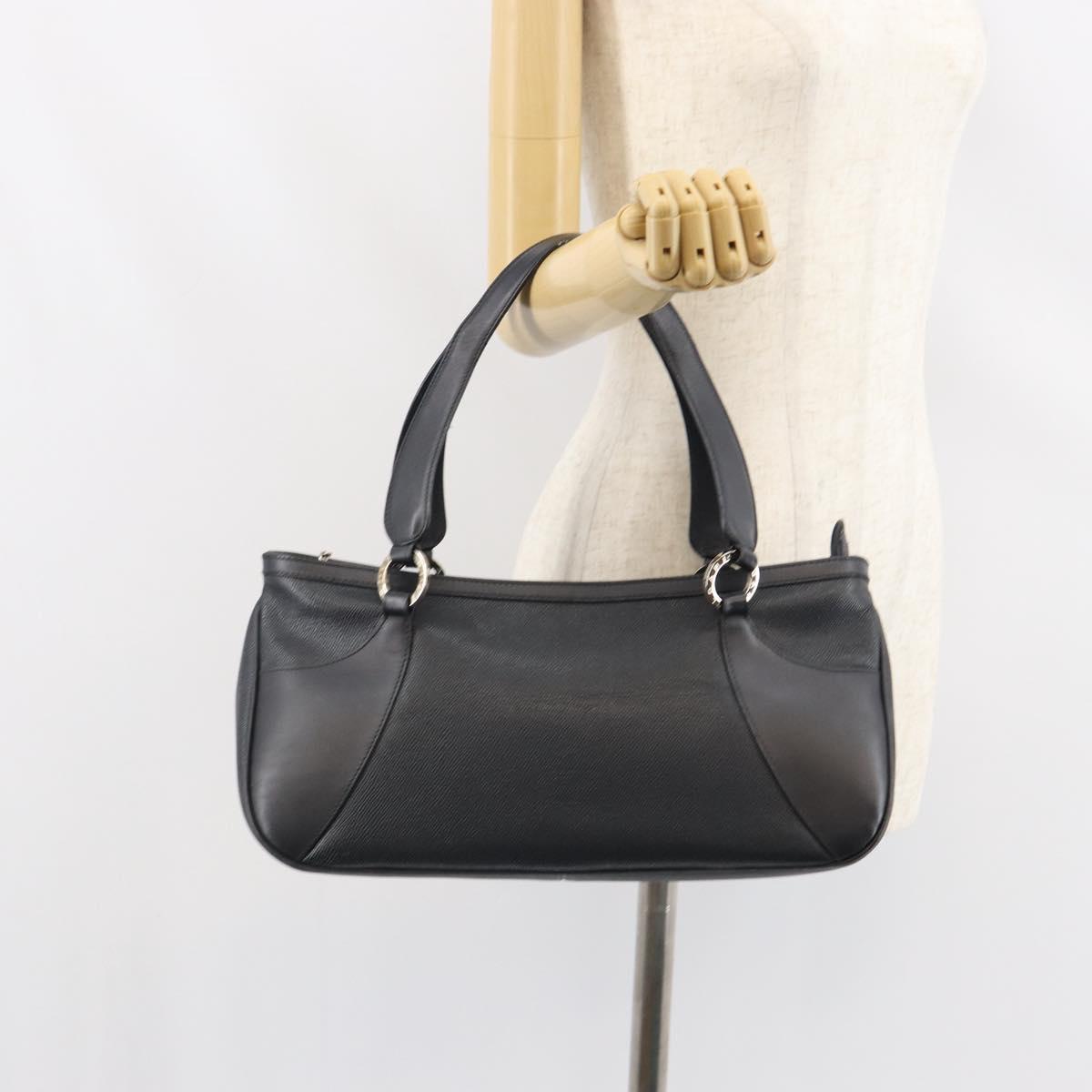 BVLGARI Hand Bag Leather Black Silver Auth bs31966