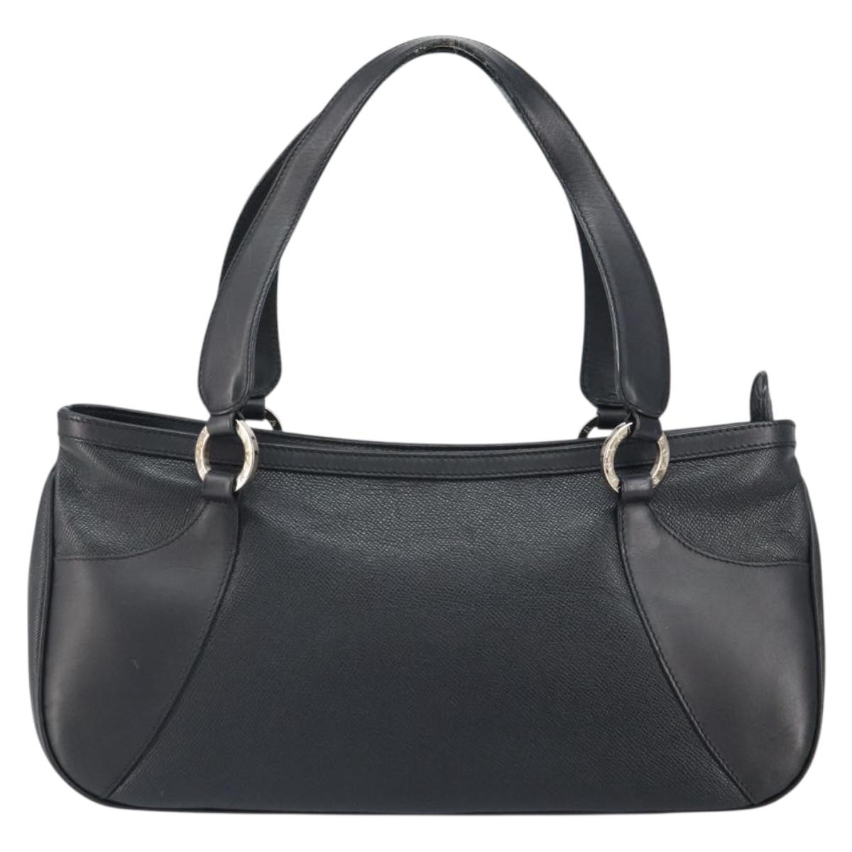 BVLGARI Hand Bag Leather Black Silver Auth bs31966
