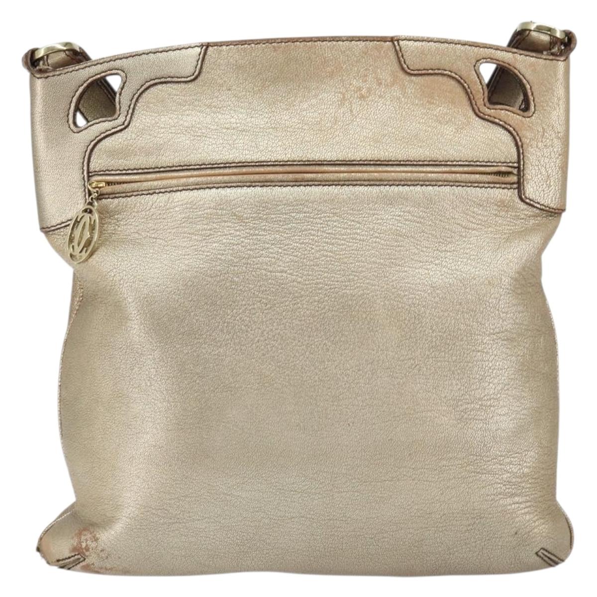 CARTIER Shoulder Bag Leather Gold Tone Auth bs31968