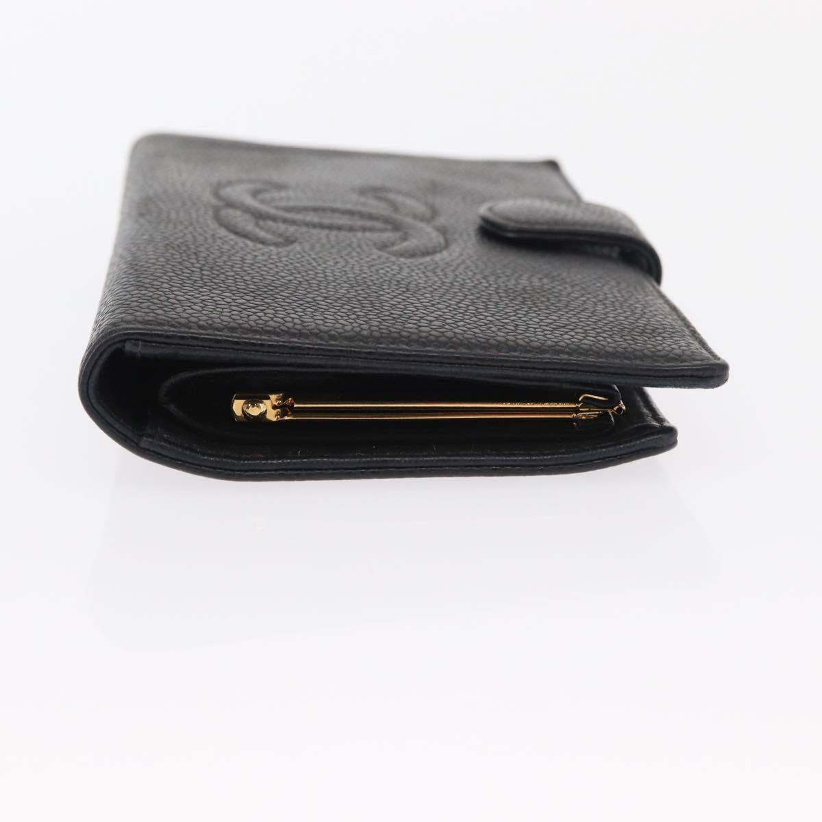 CHANEL Long Wallet Caviar Skin Black Gold CC Auth bs31972