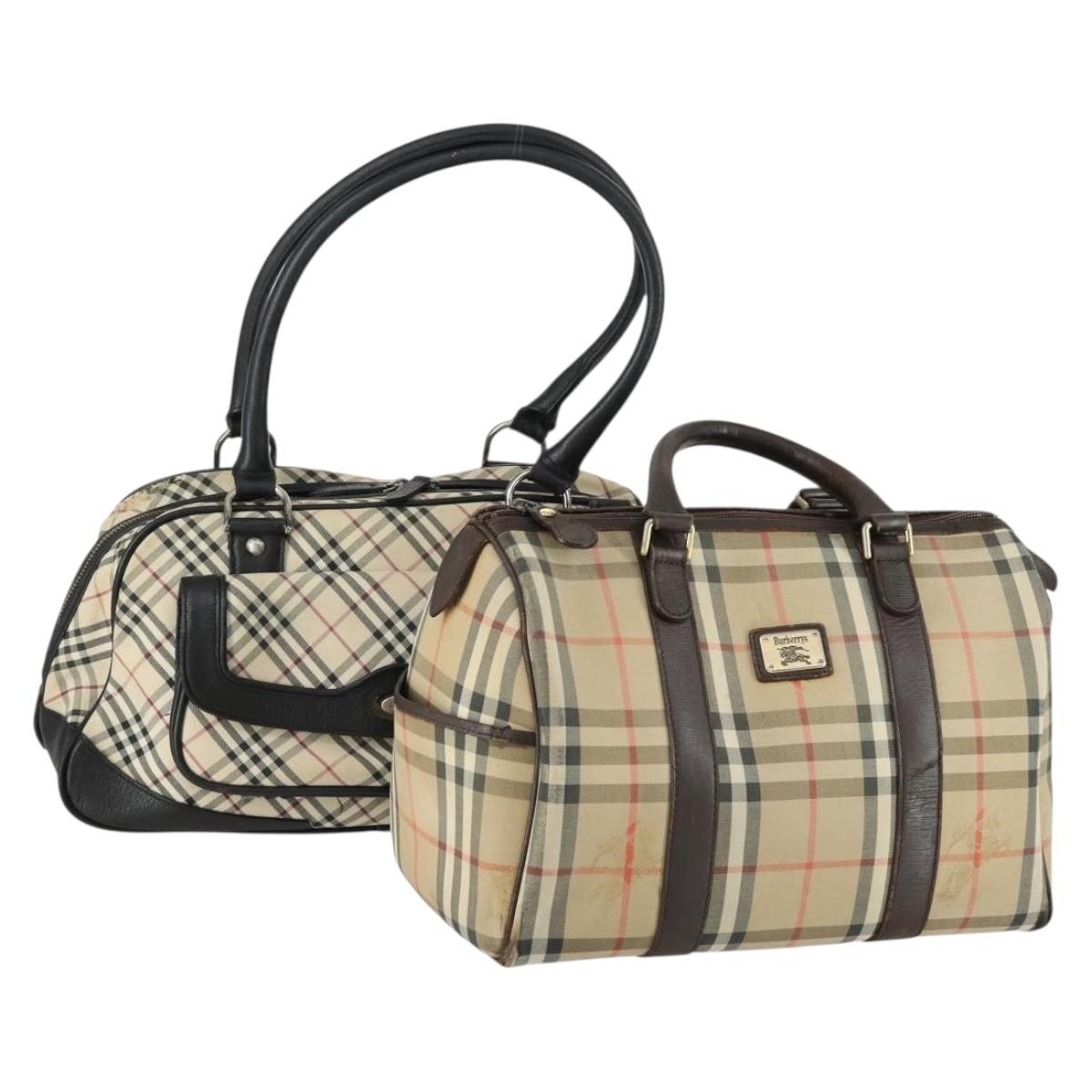BURBERRY Nova Check Boston Bag Canvas Leather 2 Set Beige Auth bs31977