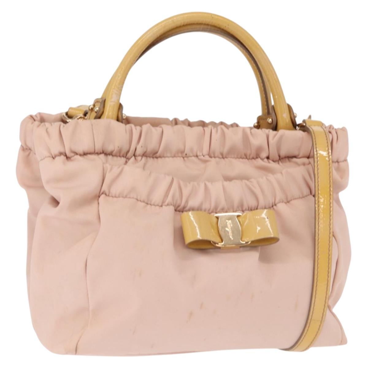 Salvatore Ferragamo Vala Hand Bag Nylon 2way Pink Gold Auth bs32036