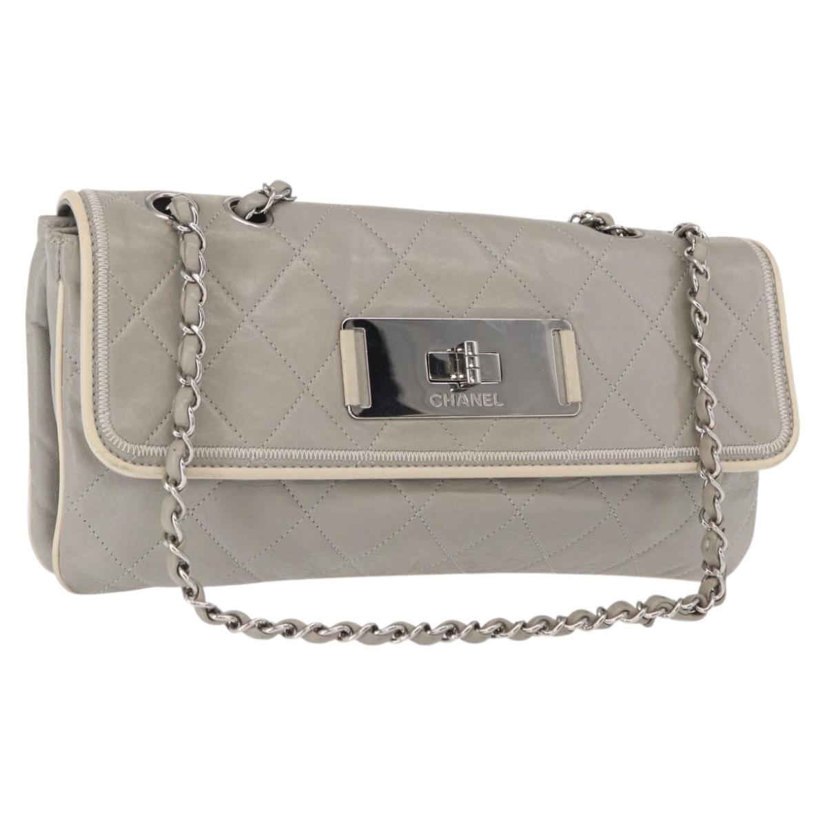 CHANEL Lamb Skin Chain Shoulder Bag Gray Silver CC Auth bs32040