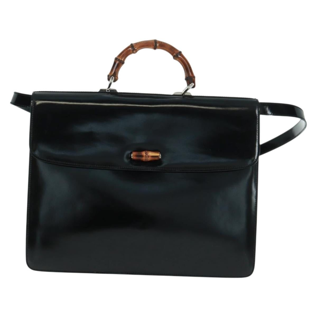 GUCCI Bamboo Hand Bag Enamel 2way Black Gold 015 1046 3304 Auth bs32052