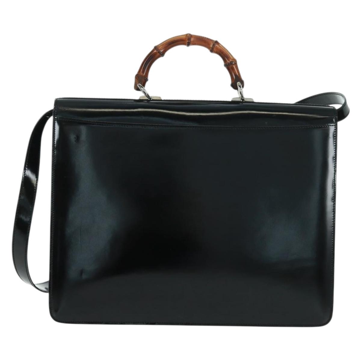 GUCCI Bamboo Hand Bag Enamel 2way Black Gold 015 1046 3304 Auth bs32052