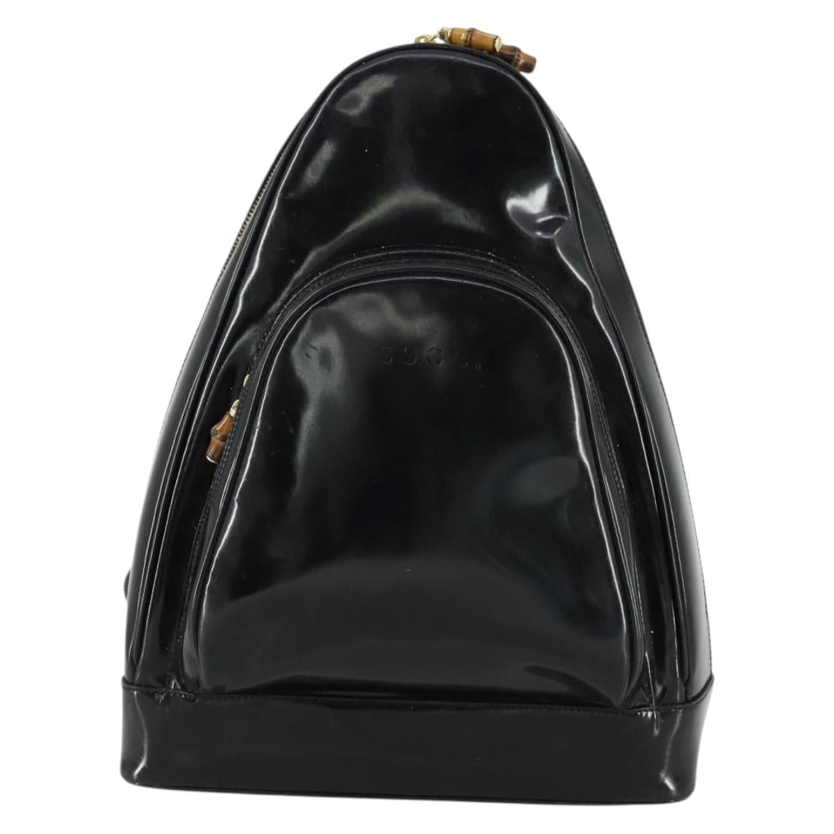 GUCCI Bamboo Shoulder Bag Enamel Black Gold Auth bs32059