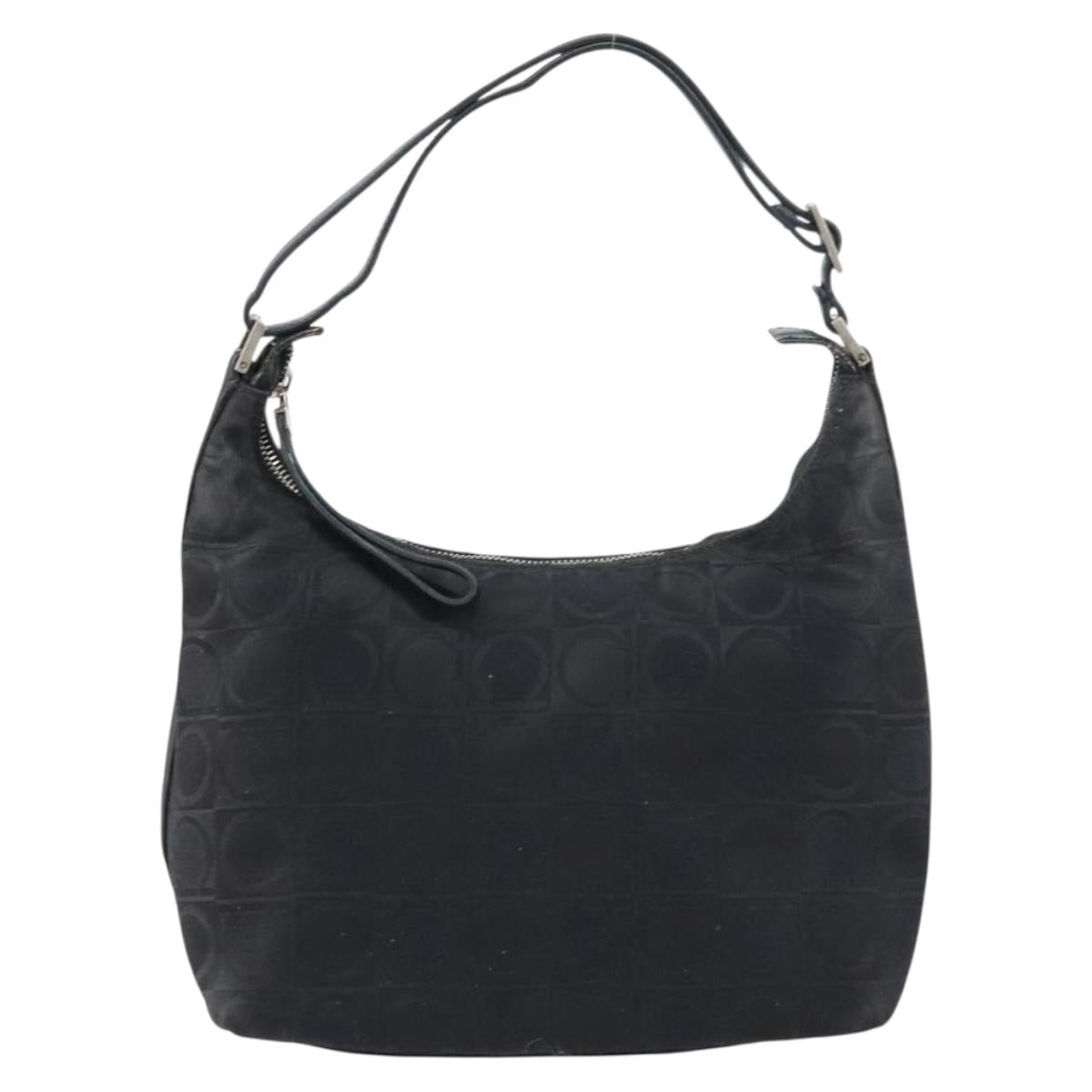 Salvatore Ferragamo Gancini Shoulder Bag Nylon Black Silver Auth bs32062