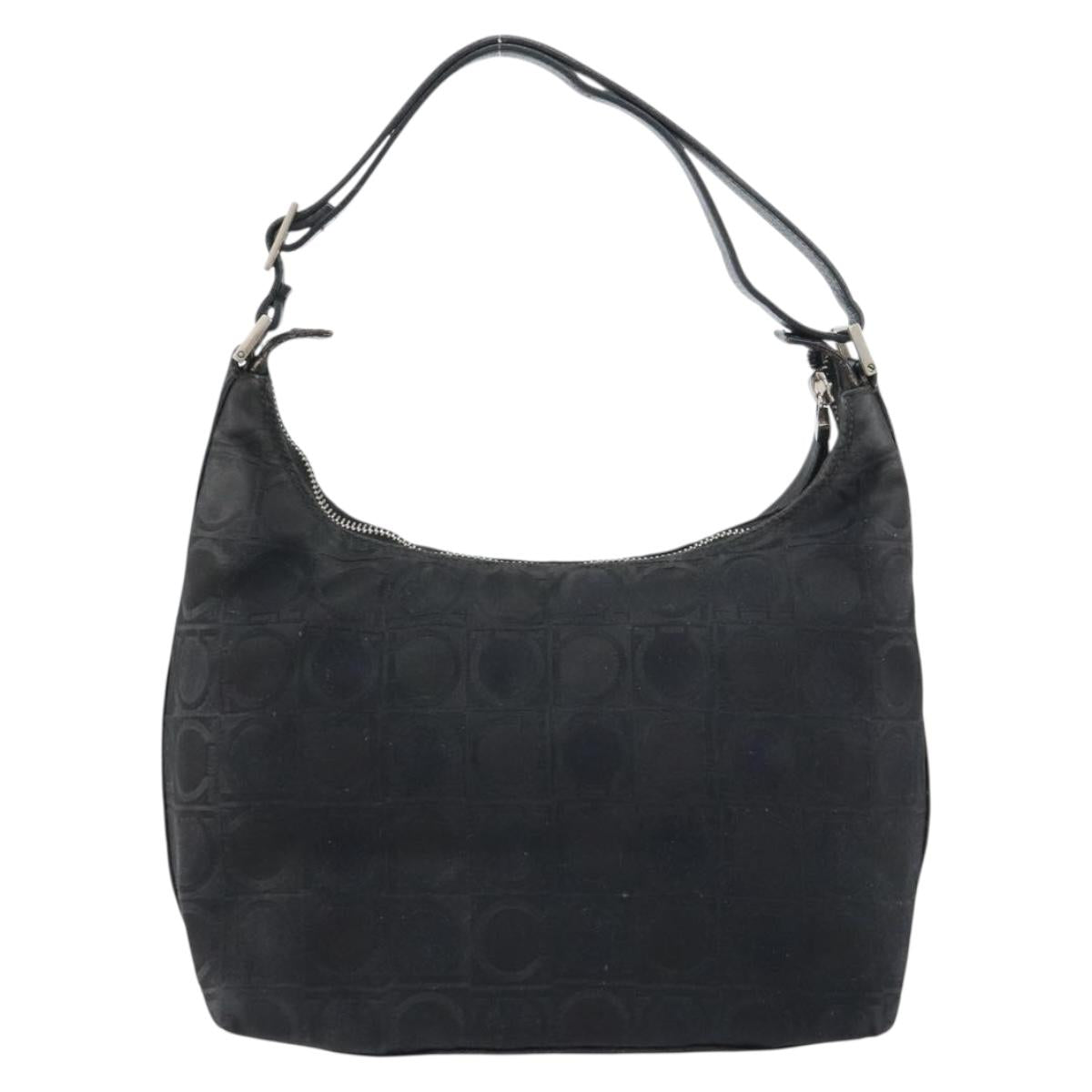 Salvatore Ferragamo Gancini Shoulder Bag Nylon Black Silver Auth bs32062