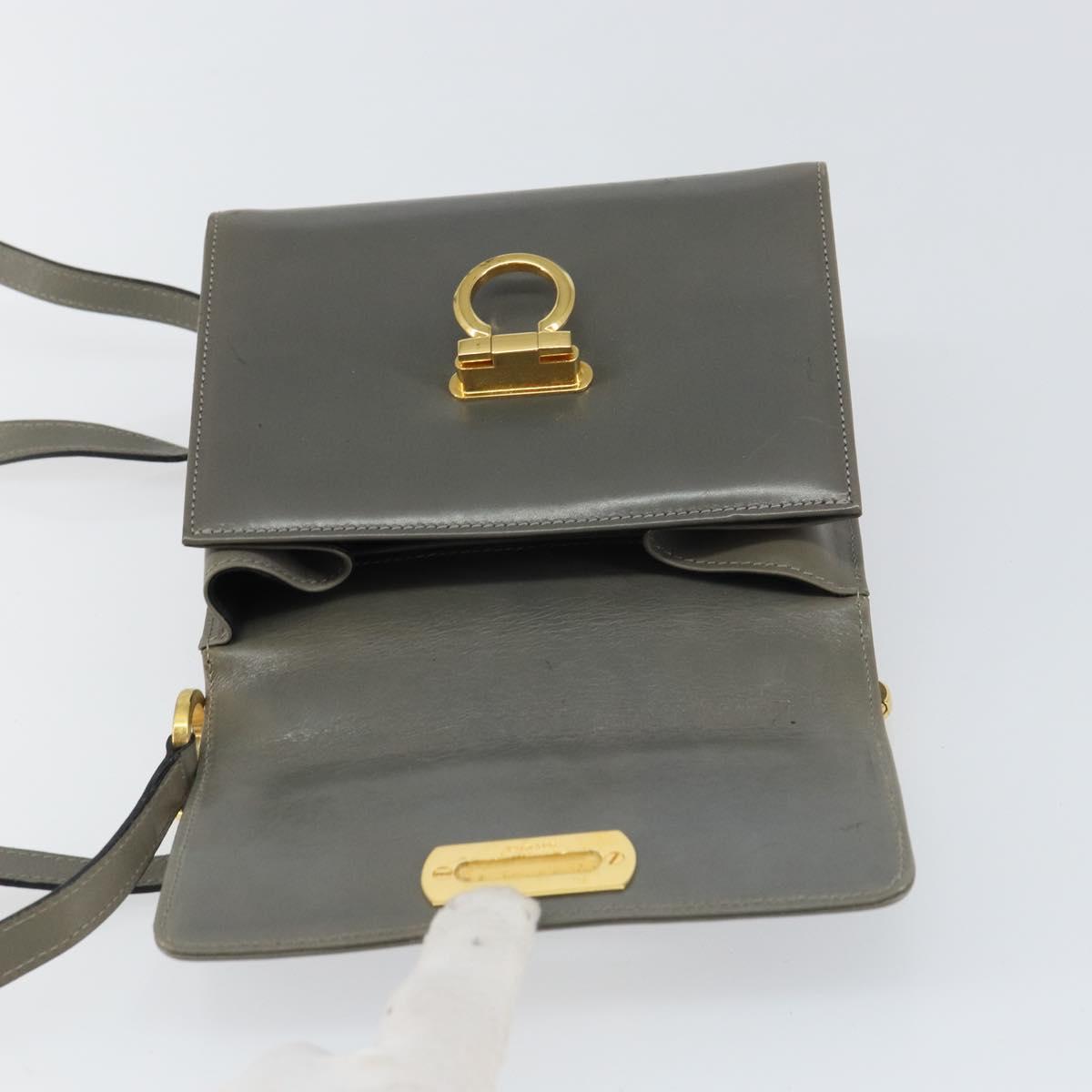 Salvatore Ferragamo Gancini Chain Shoulder Bag Leather Gray Gold Auth bs32063