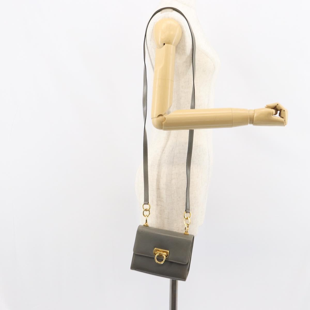 Salvatore Ferragamo Gancini Chain Shoulder Bag Leather Gray Gold Auth bs32063