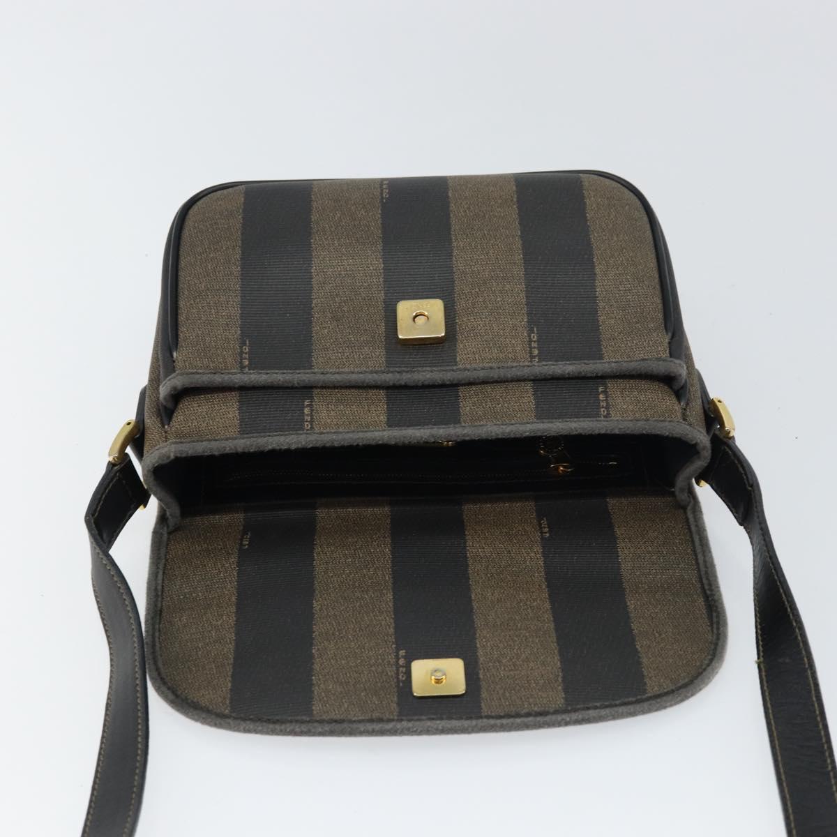 FENDI Pecan Canvas Shoulder Bag PVC Black Brown gold Auth bs32065