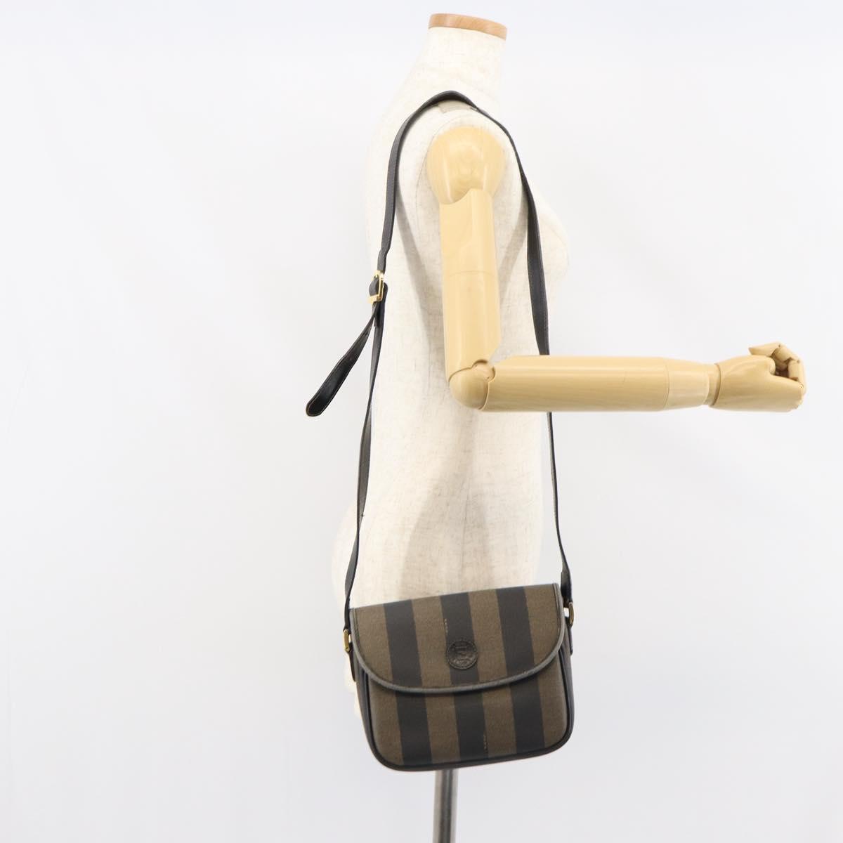 FENDI Pecan Canvas Shoulder Bag PVC Black Brown gold Auth bs32065