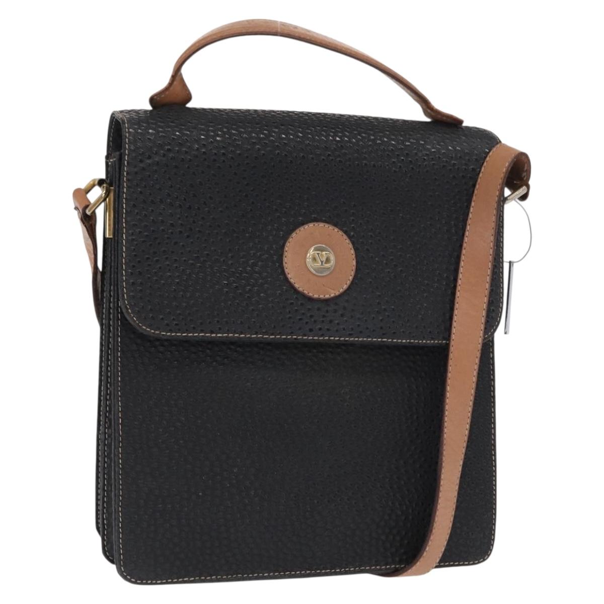 VALENTINO Shoulder Bag Leather Black Gold Auth bs32067