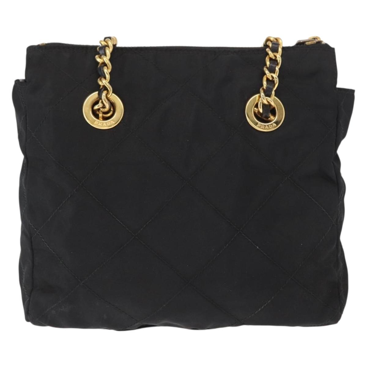 PRADA Chain Shoulder Bag Nylon Black Gold Auth bs32069