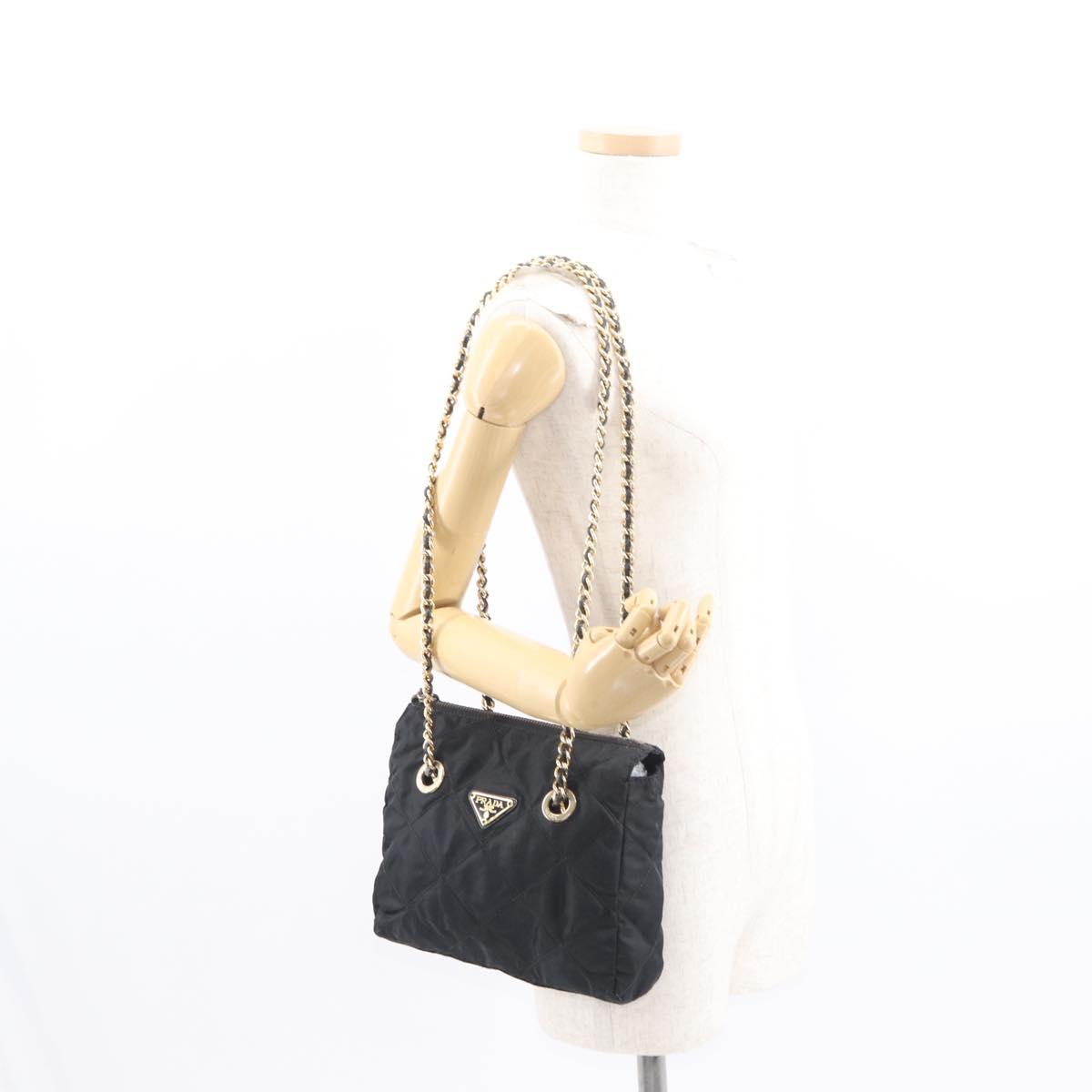 PRADA Chain Shoulder Bag Nylon Black Gold Auth bs32070