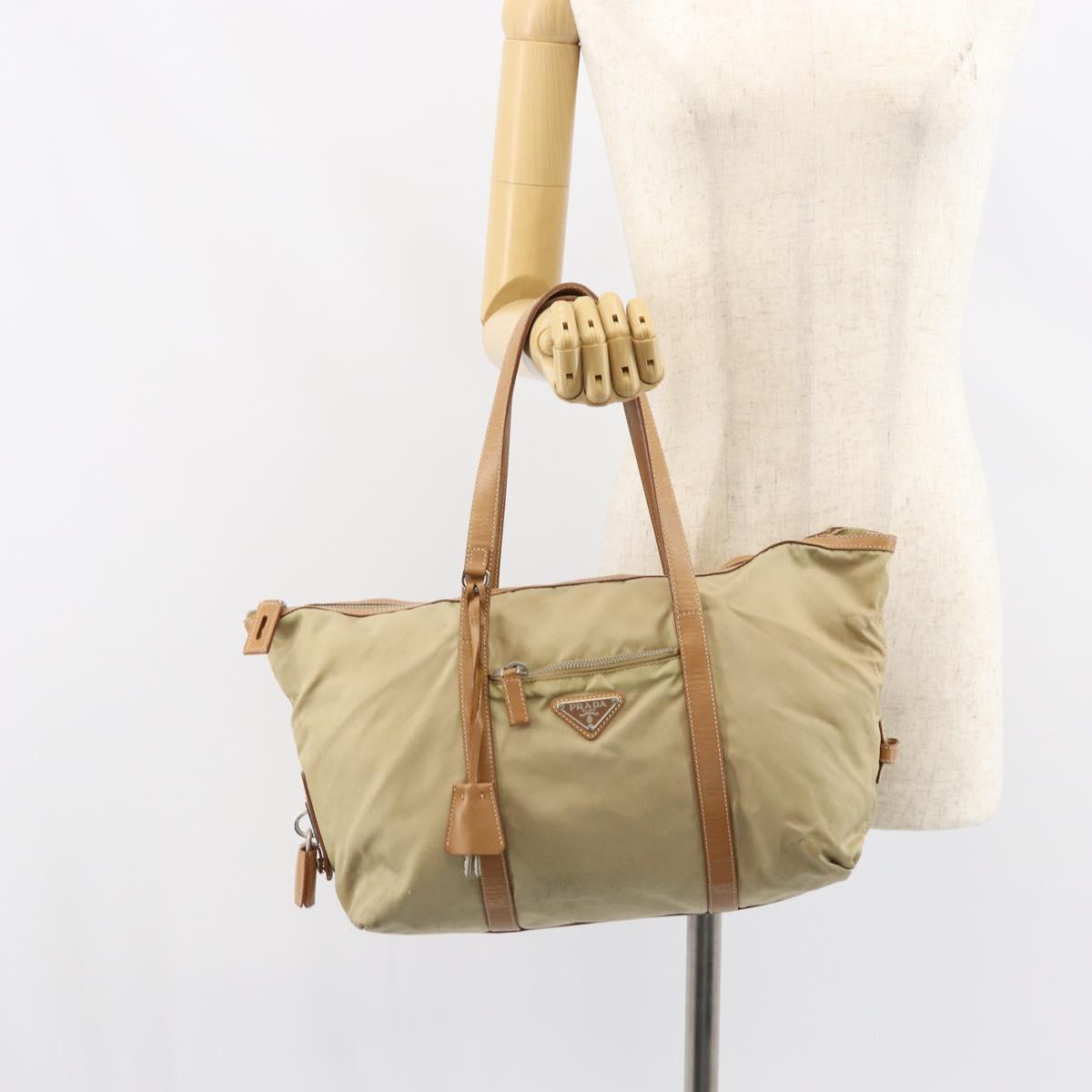 PRADA Tote Bag Nylon Beige Silver Auth bs32083