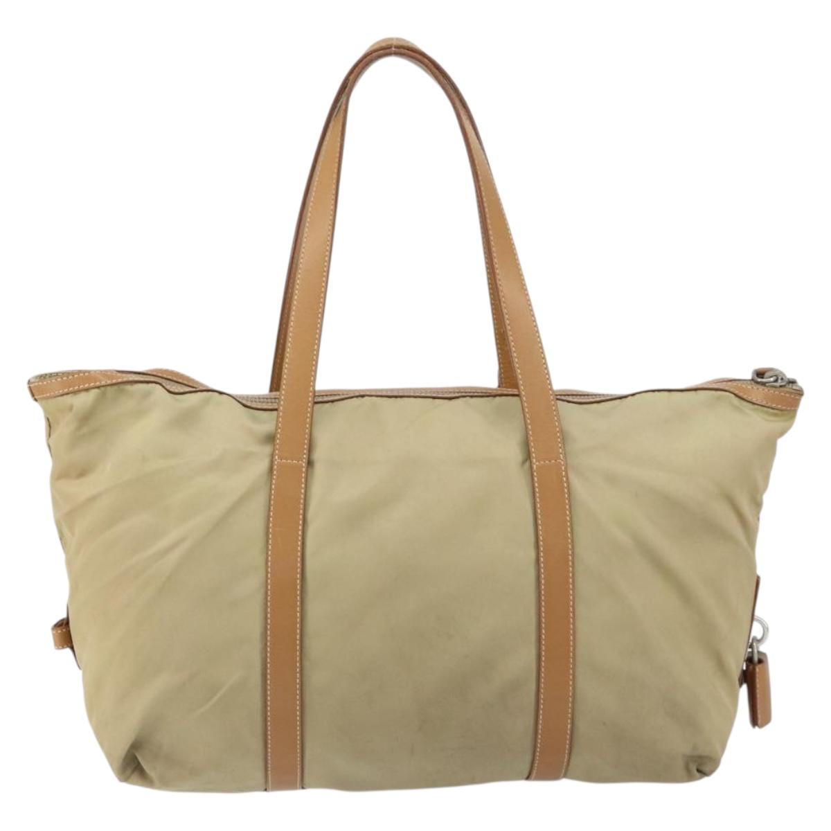 PRADA Tote Bag Nylon Beige Silver Auth bs32083