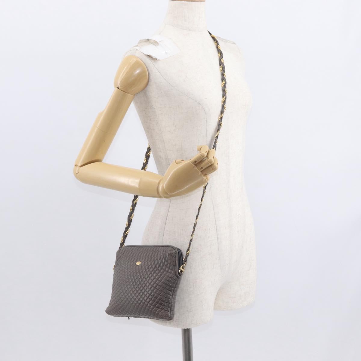 BALLY Chain Shoulder Bag Leather Gray Gold Auth bs32085