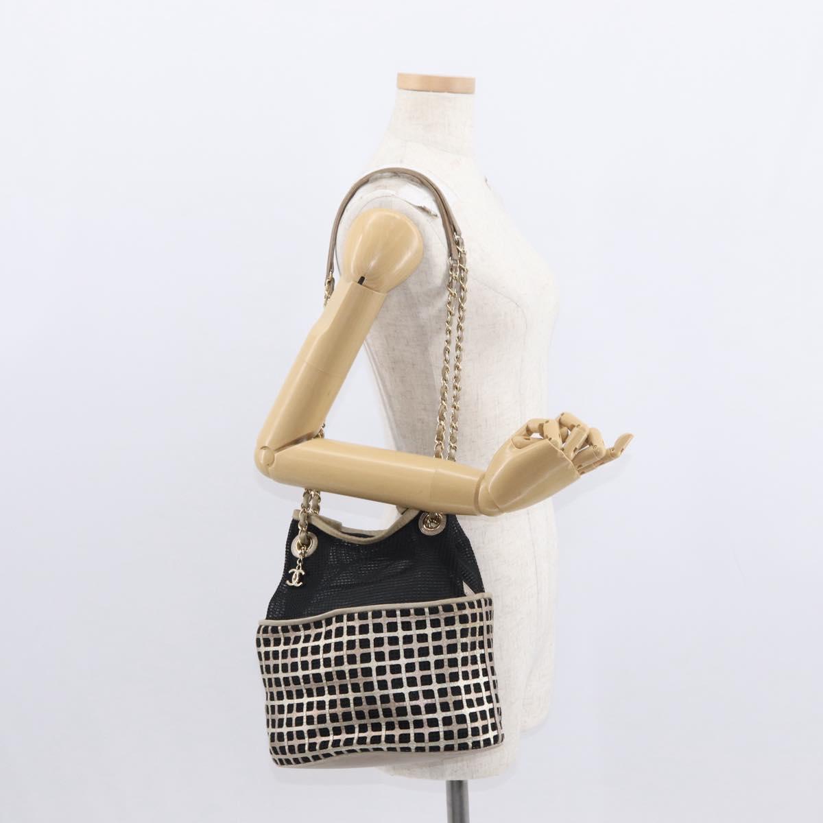 CHANEL Chain Shoulder Bag Nylon Leather Black Gold CC Auth bs32086